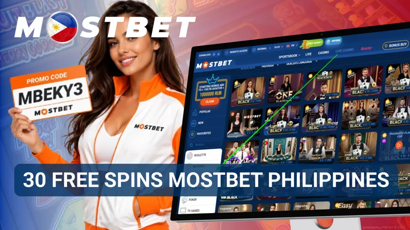 Promo banner ng MostBet Philippines na may 30 libreng spins at mga simbolo ng slot sa screen.