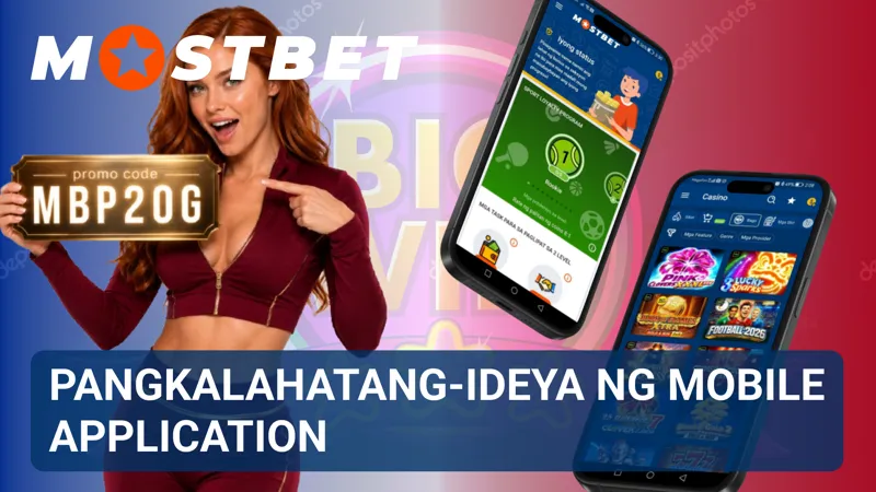 Ipinapakita ng smartphone screen ang pangunahing interface ng MostBet mobile application.