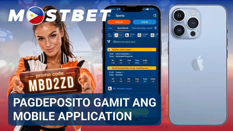 Ipinapakita ng larawan ang mobile application ng MostBet na may menu para sa pagdaragdag ng pondo.