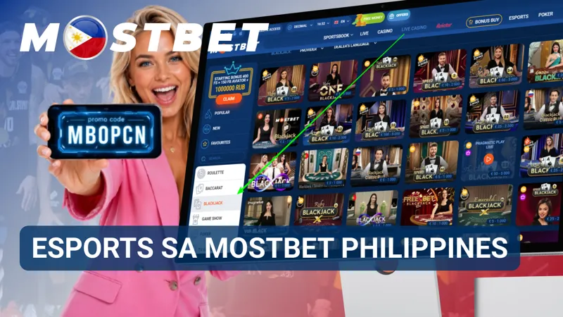 Makulay na esports arena na may mga gaming monitor at logo ng MostBet Philippines sa pangunahing screen.