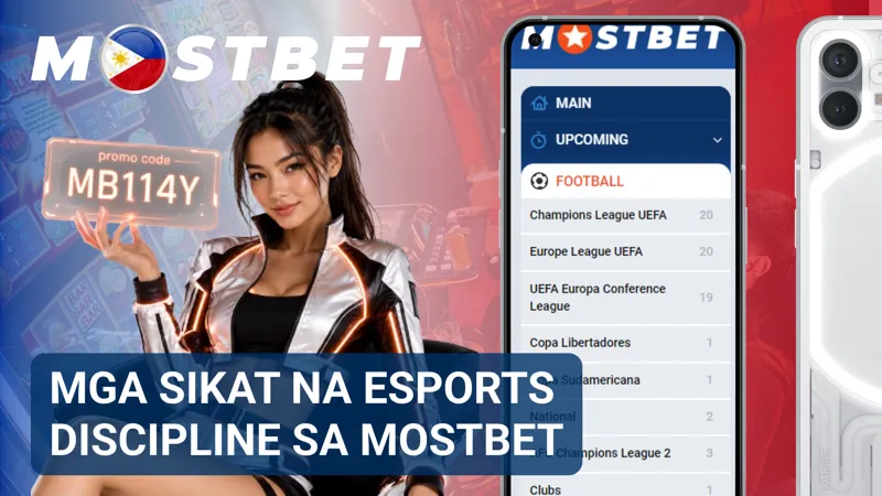 Ipinapakita ng screen ang mga sikat na esports title tulad ng Dota 2, Counter-Strike 2, at League of Legends sa MostBet.