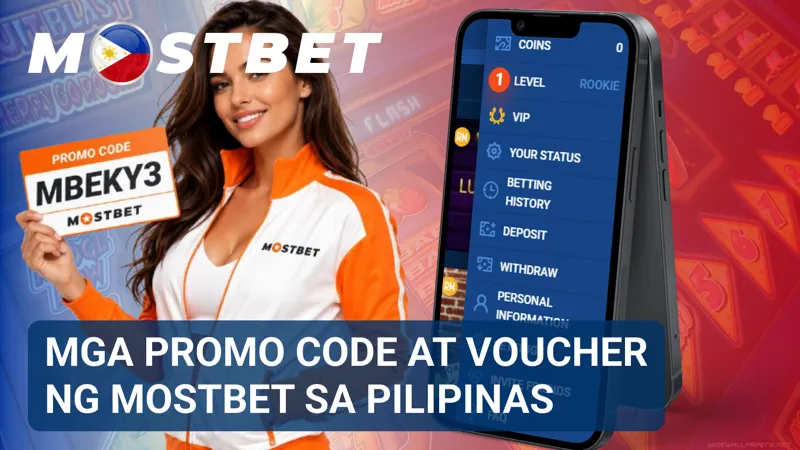 Tampok ang mga promo code, voucher, at kaugnay na alok ng MostBet para sa Pilipinas sa isang promotional interface.