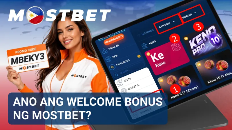 Ipinapakita sa promo page ang welcome bonus ng MostBet kasama ang mga pangunahing benepisyo nito.